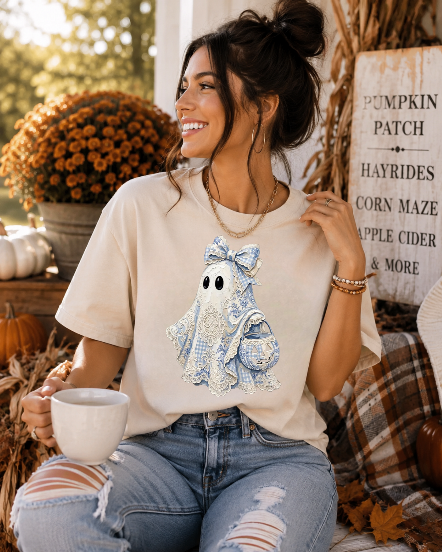 Blue Chinoiserie Ghost Graphic Tee | Cottage Halloween Shirt