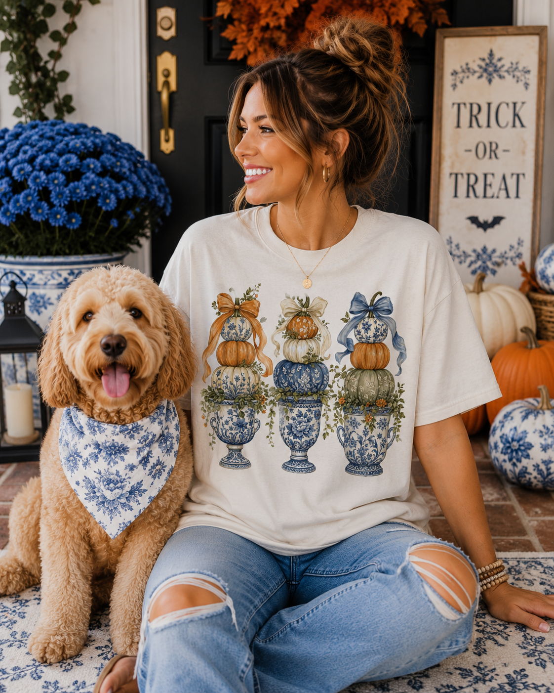 Blue Toile Pumpkin Topiary Tee | Vintage Chinoiserie Fall Graphic T-Shirt