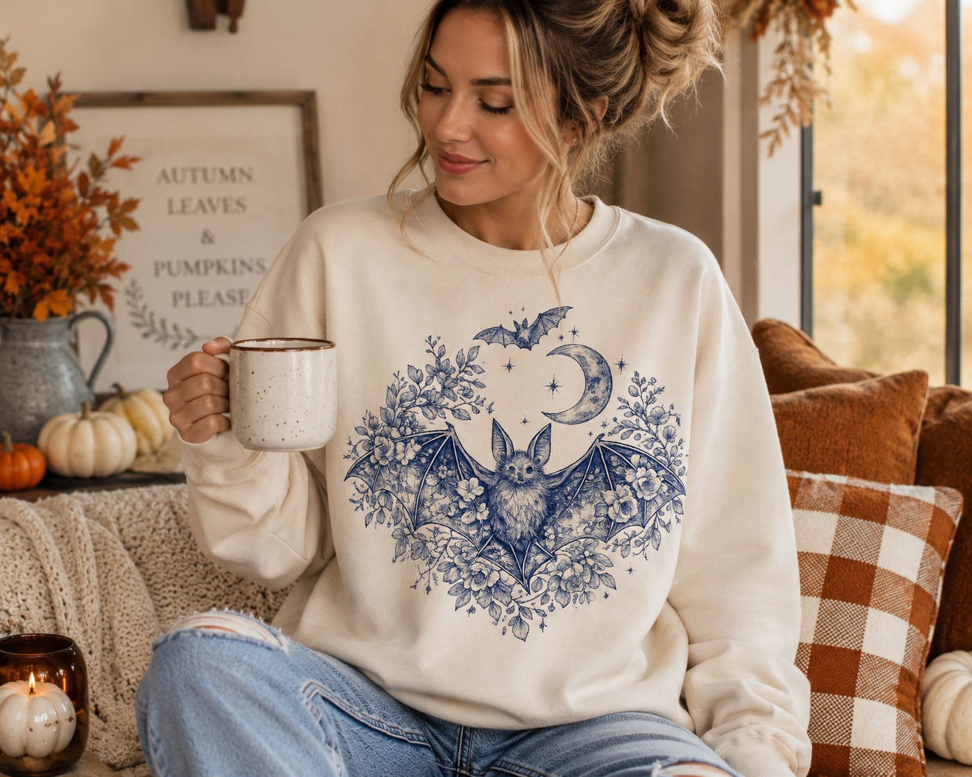 Blue Botanical Bat Halloween Sweatshirt