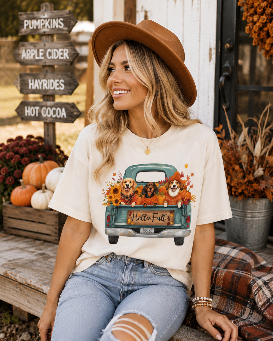 Hello Fall Dogs in Vintage Truck Graphic Tee | Cozy Autumn Shirt