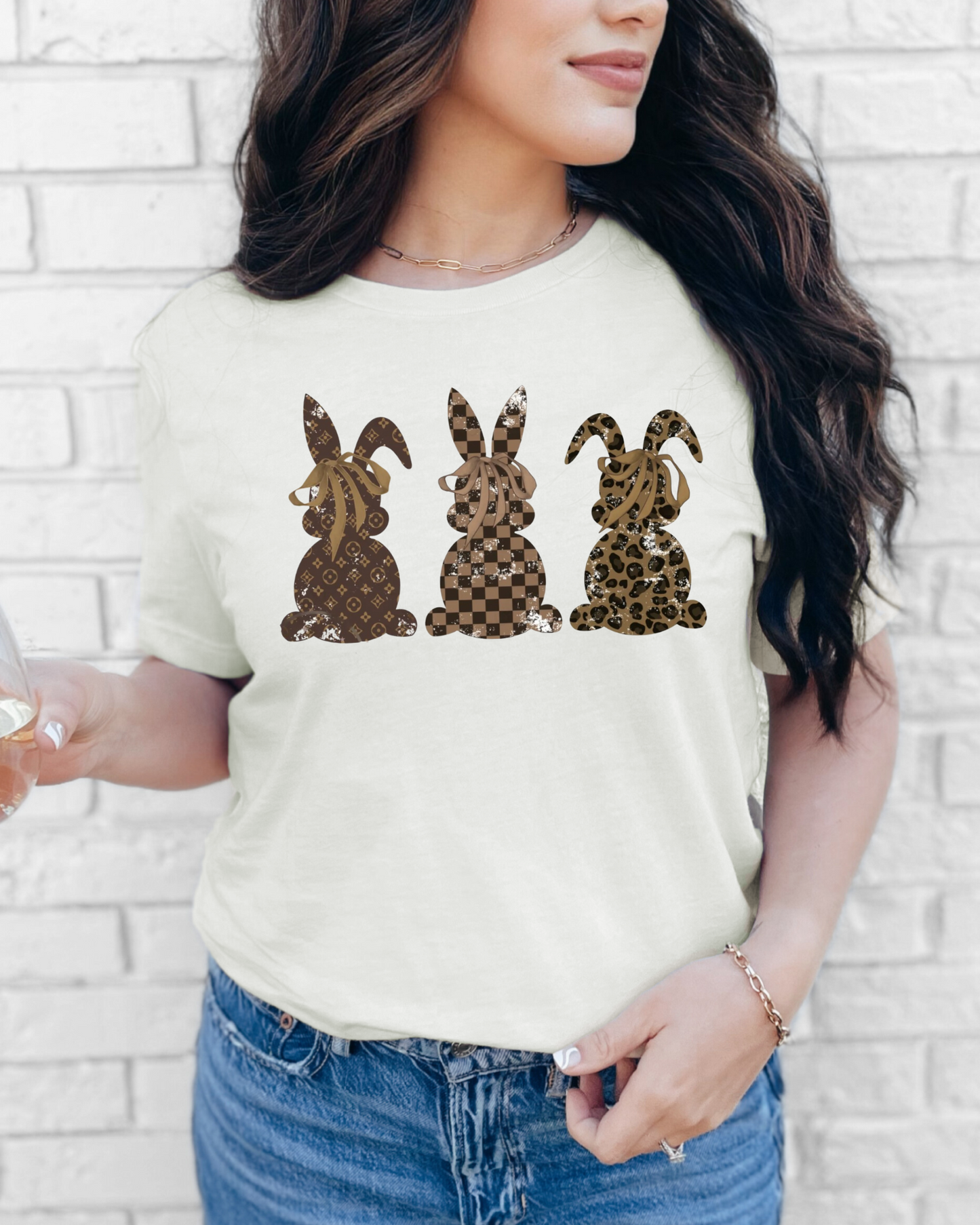 Neutral Bunny Trio Easter Tee – Designer-Style Bunny Graphic T-Shirt