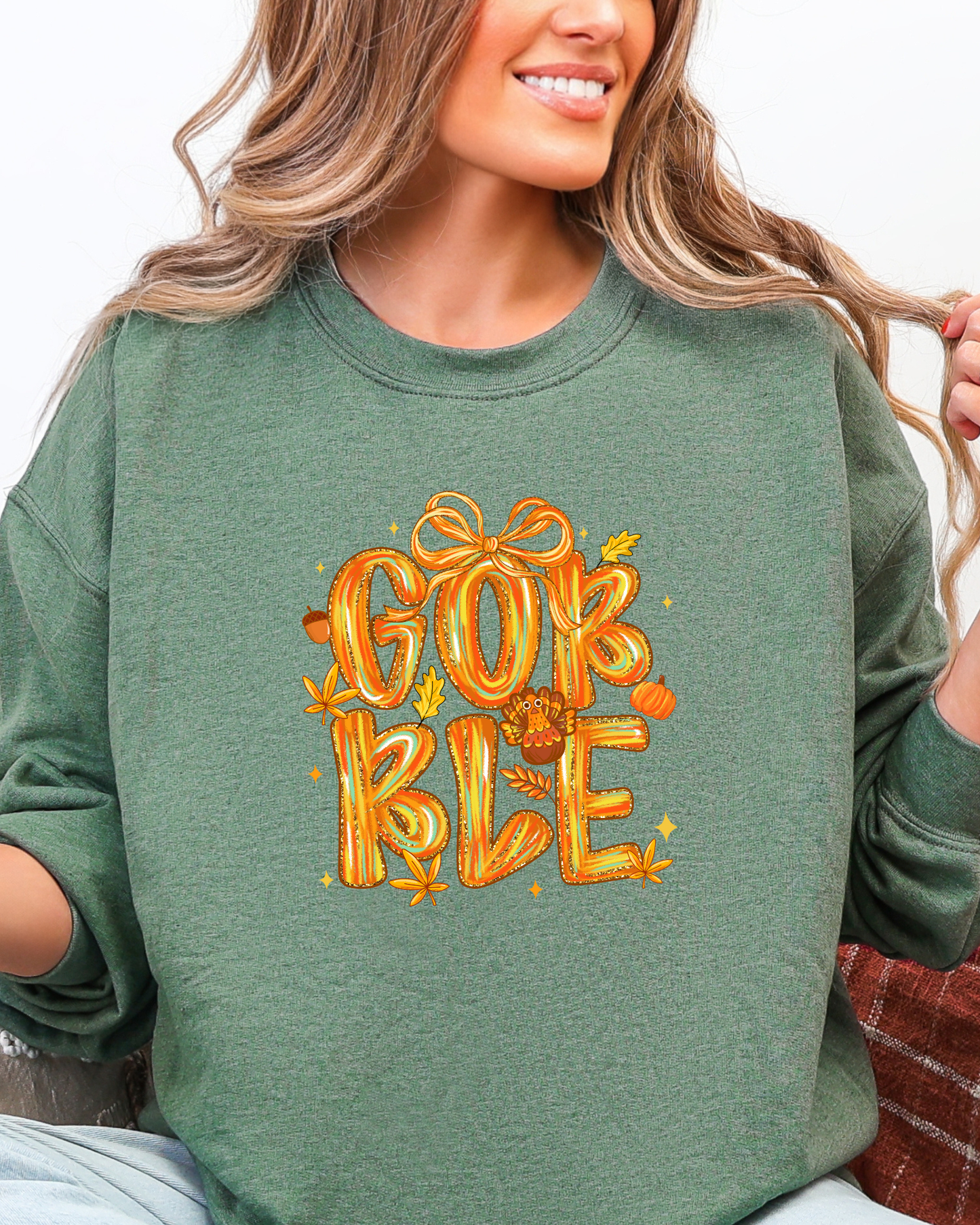 🦃 “Gobble Gobble” Pumpkin Lettering Sweatshirt | Festive Thanksgiving Crewneck