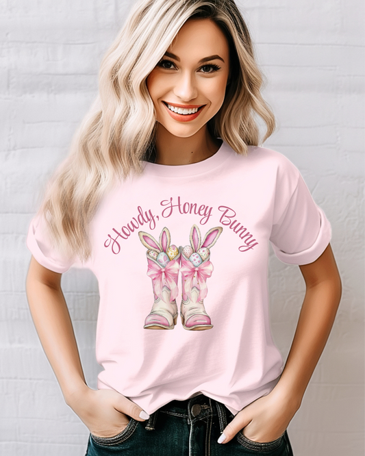 Pink Bunny Boots Easter Tee – Western Spring Graphic Shirt