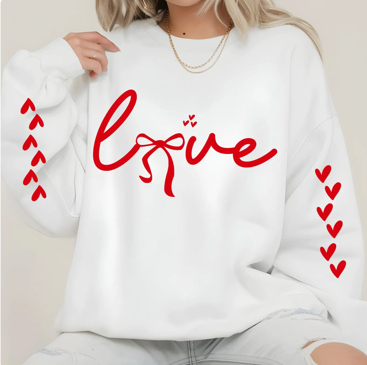 Love Bow Script Valentine Sweatshirt – Feminine Ribbon Heart Sleeve Detail Pullover