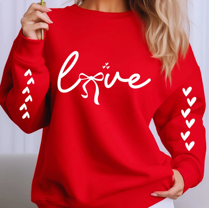 Love Bow Script Valentine Sweatshirt – Feminine Ribbon Heart Sleeve Detail Pullover