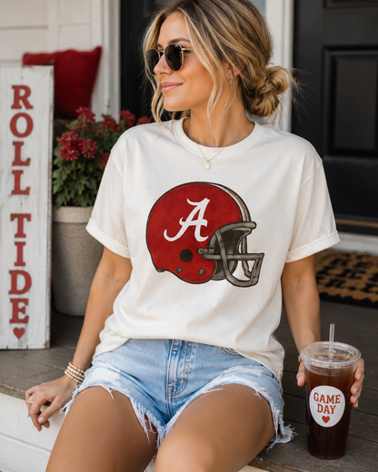 Vintage Crimson Football Helmet Graphic Tee | Classic Southern Game Day Shirt