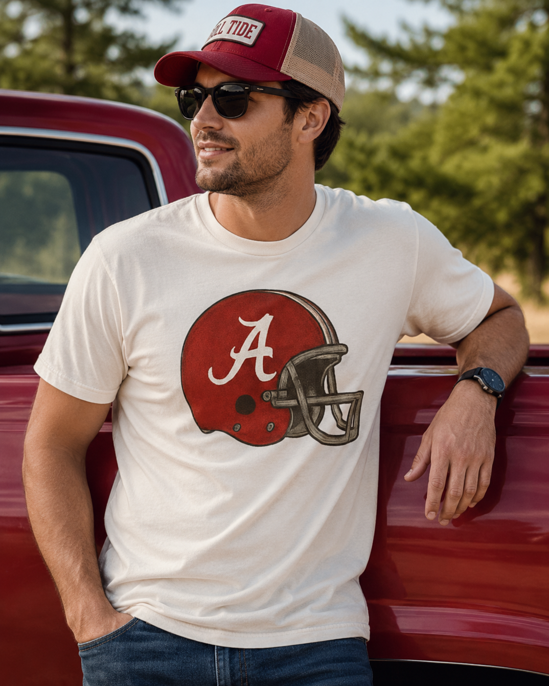 Vintage Crimson Football Helmet Graphic Tee | Classic Southern Game Day Shirt