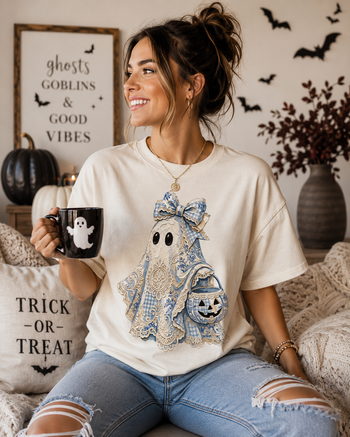 Blue Chinoiserie Ghost Graphic Tee | Cottage Halloween Shirt