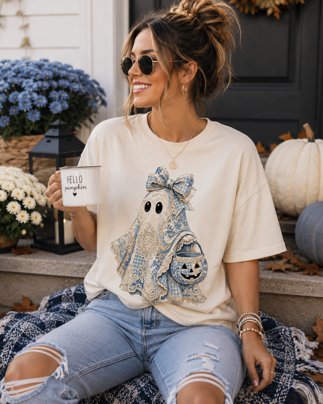 Blue Chinoiserie Ghost Graphic Tee | Cottage Halloween Shirt
