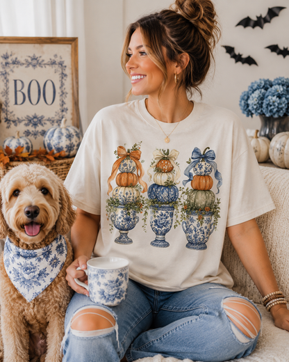 Blue Toile Pumpkin Topiary Tee | Vintage Chinoiserie Fall Graphic T-Shirt