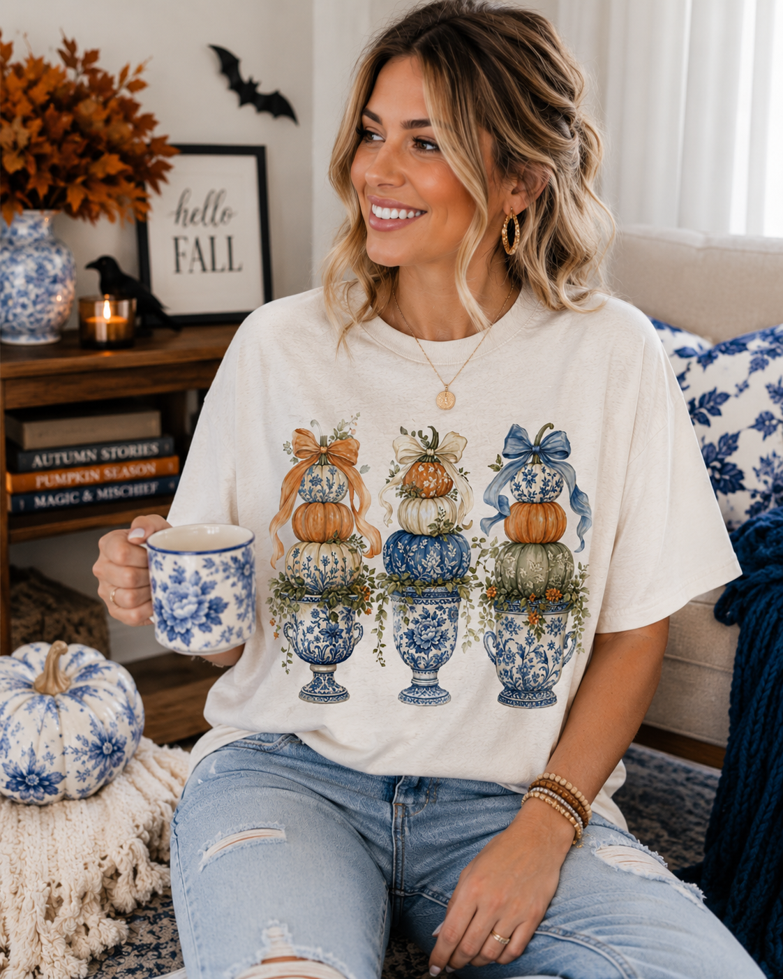 Blue Toile Pumpkin Topiary Tee | Vintage Chinoiserie Fall Graphic T-Shirt