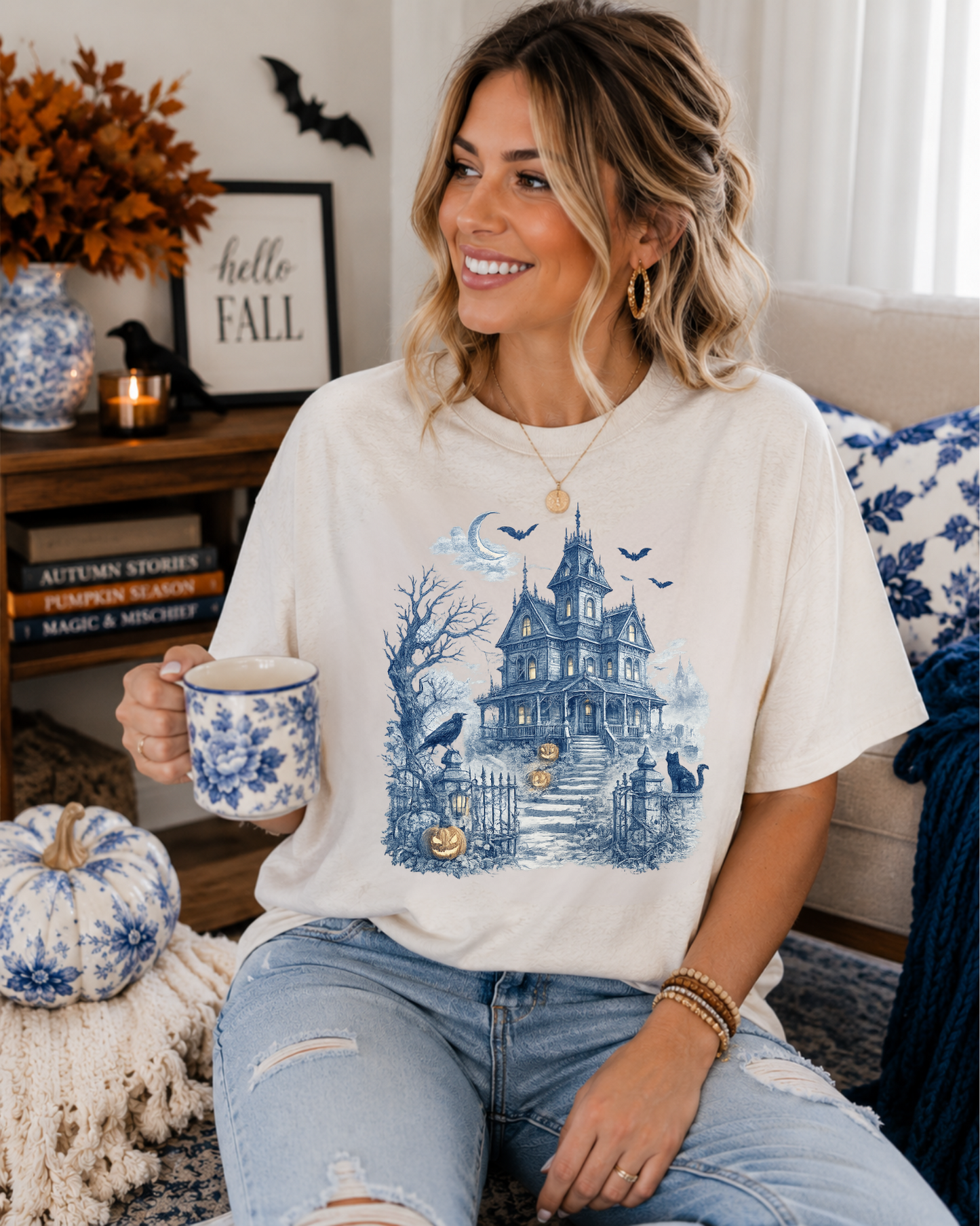 Blue Toile Haunted House Halloween Graphic Tee