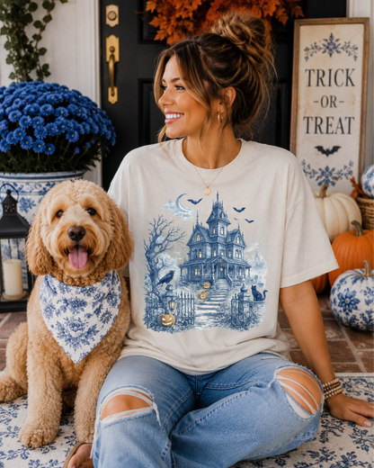 Blue Toile Haunted House Halloween Graphic Tee