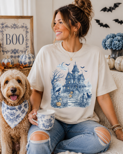 Blue Toile Haunted House Halloween Graphic Tee