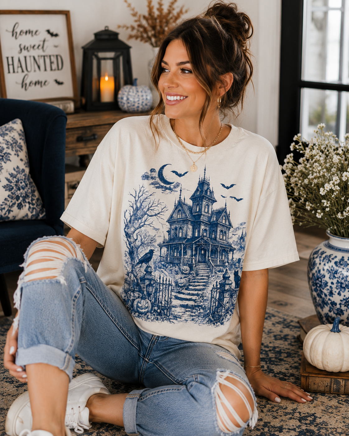 Blue Toile Haunted House Halloween Graphic Tee