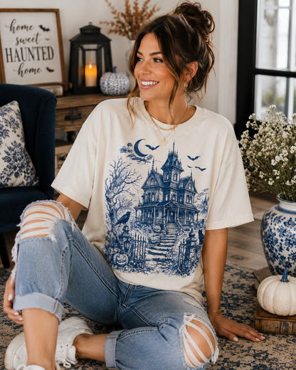 Blue Toile Haunted House Halloween Graphic Tee
