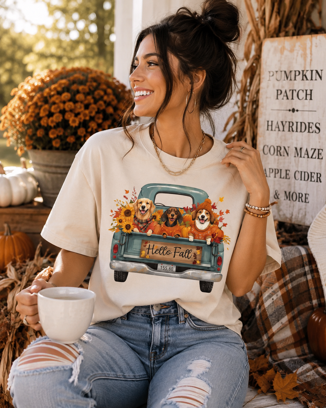 Hello Fall Dogs in Vintage Truck Graphic Tee | Cozy Autumn Shirt