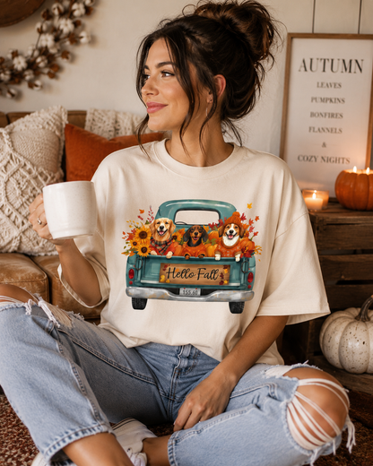 Hello Fall Dogs in Vintage Truck Graphic Tee | Cozy Autumn Shirt
