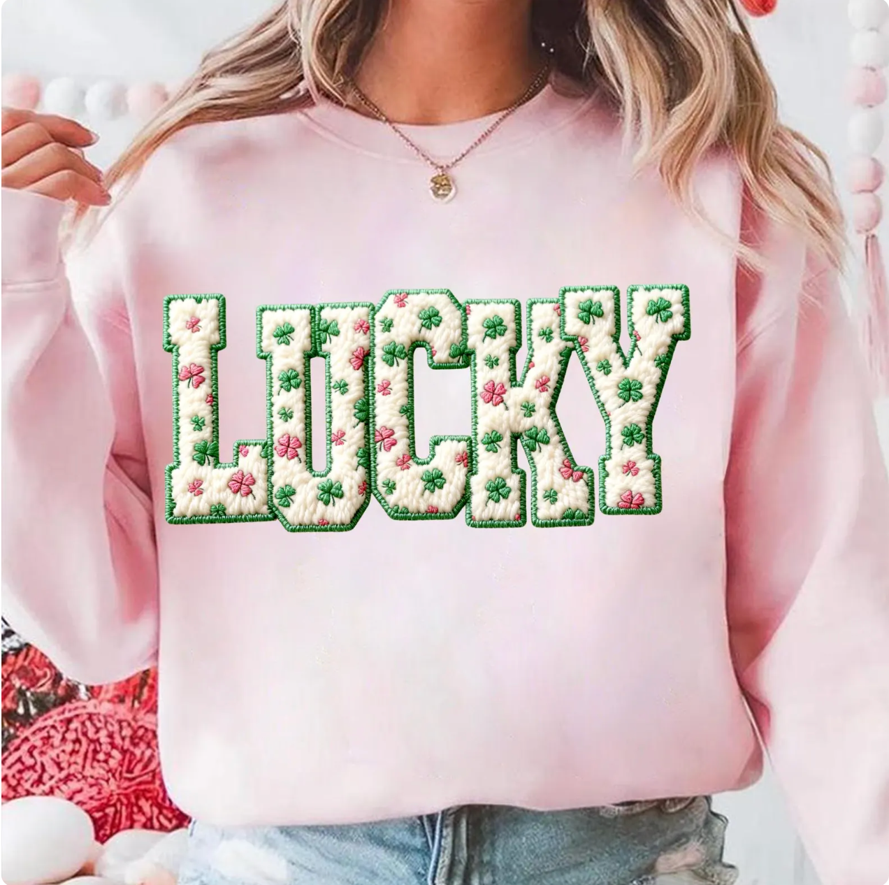 Lucky Faux-Chenille Clover Varsity Sweatshirt