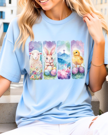 He Is Risen Easter Panel Tee – Lamb, Bunny & Chick Christian Spring Shirt
