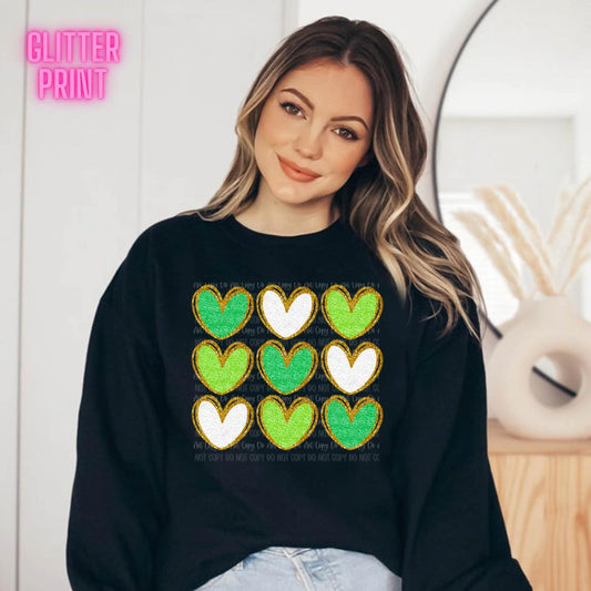 Green Glitter Hearts Adult T-Shirt