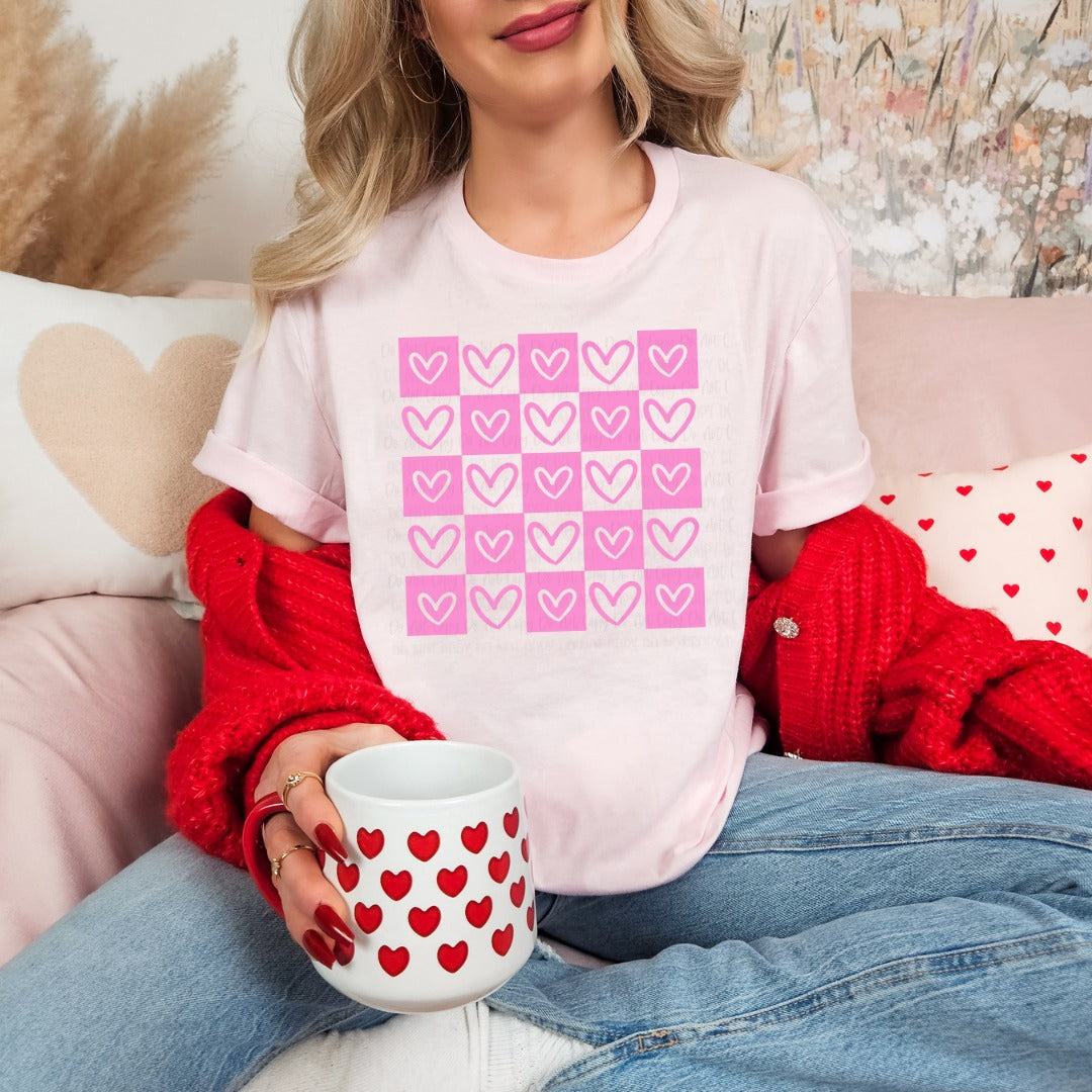 Pink Heart Checkerboard Adult T-Shirt