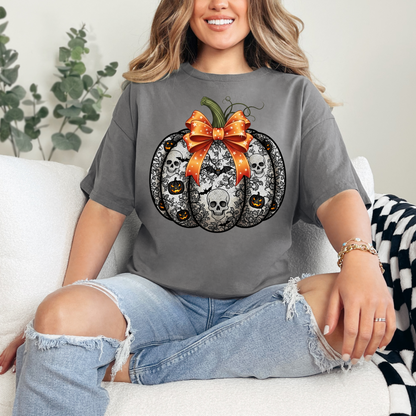 Halloween Lace Skull Pumpkin Tee – Spooky Chic Fall Graphic T-Shirt