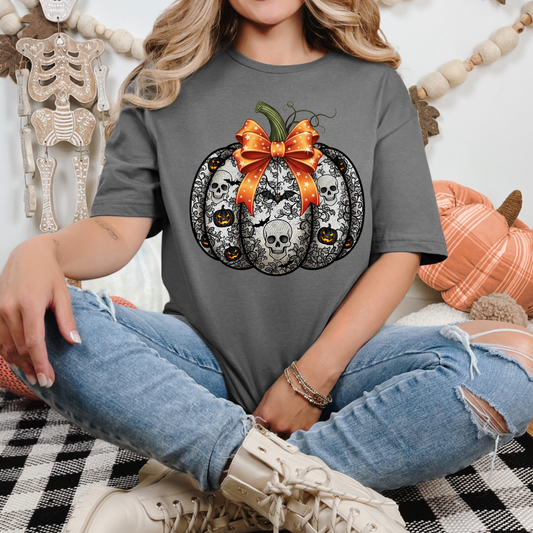 Halloween Lace Skull Pumpkin Tee – Spooky Chic Fall Graphic T-Shirt
