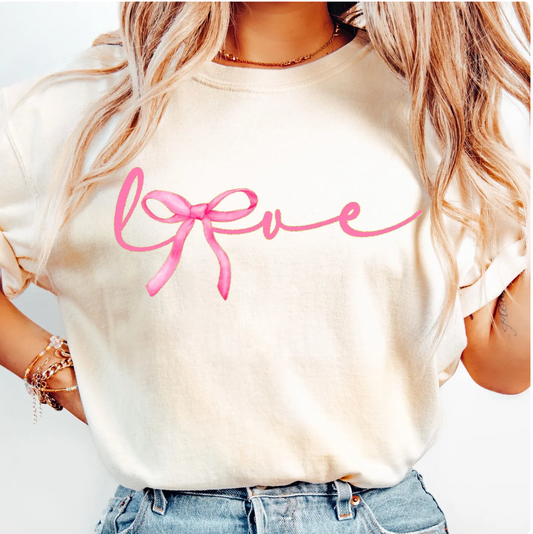Pink Bow Love Script Valentine Tee – Feminine Ribbon Heart Graphic T-Shirt