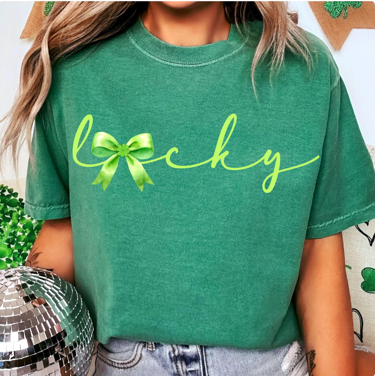 Lucky Bow on Green Adult T-shirt