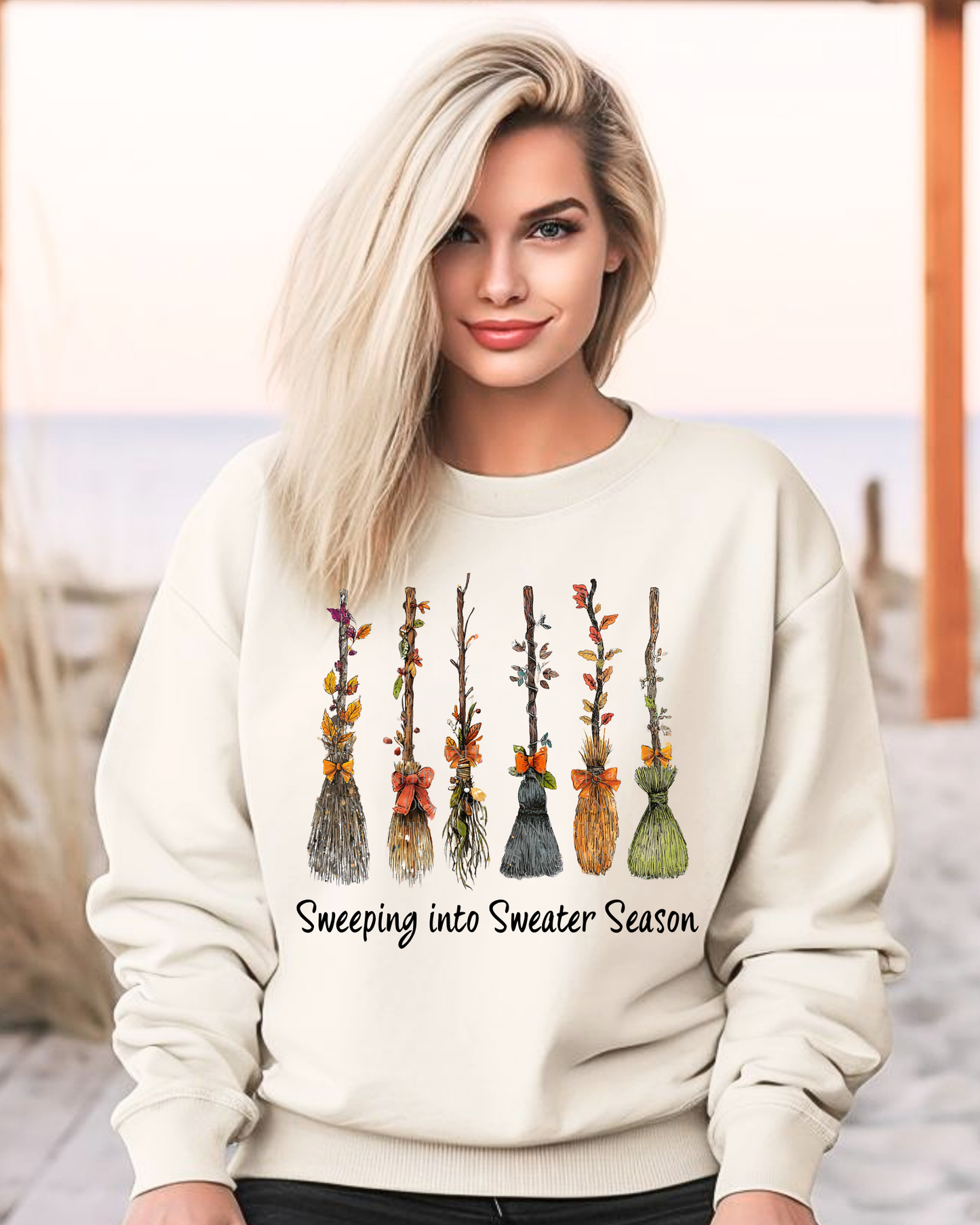 Cozy Fall Broom Crewneck | Sweeping Into Sweater Season Graphic Sweatshirt