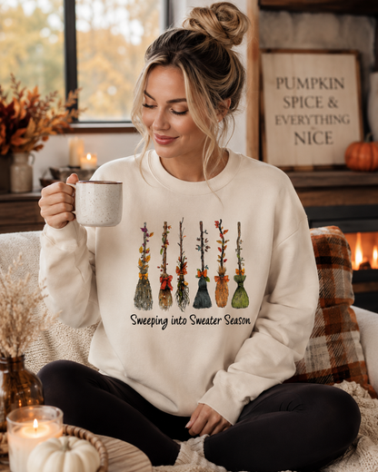 Cozy Fall Broom Crewneck | Sweeping Into Sweater Season Graphic Sweatshirt