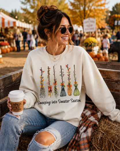 Cozy Fall Broom Crewneck | Sweeping Into Sweater Season Graphic Sweatshirt