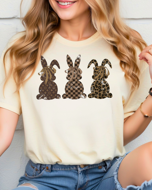 Neutral Bunny Trio Easter Tee – Designer-Style Bunny Graphic T-Shirt